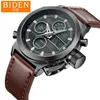 Montres-bracelets BIDEN Marque Hommes Diver LED Montre De Sport Numérique En Cuir Véritable Nylon Quartz Étanche Relogio Masculino275S