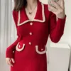 Basic Casual Dresses French Small Fragrant Style Long Sleeved Knitted Dress Women Autumn Winter Slim Temperament Mid-Length Christmas Sweater Dress 2024