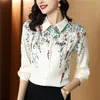 2023 Seda Satén Beige Camisa floral Manga larga Mujeres Diseñador Solapa Imprimir Blusas Otoño Invierno Moda simple Botón Up Camisas Oficina Señoras Runway Tops Tallas grandes