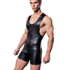 Faux Leather Slim Fitness Mens Bodysuit Body Shaper Romper for Man Singlet Boxer Slimming Underwear Sleeveless Jumpsuit2966