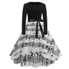 Casual Dresses Vintage Music Note Skriv ut lång ärm för kvinnor retro elegant en linje hög midje midi klänning med skärmar vestido de mu300r