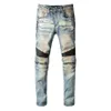 Jeans da uomo 2021 Vintage Punk Impiombato Uomini Cerniera Pieghettato Designer Per Motorcyle Blu Streetwear Pantaloni Indossati Pantaloni232G