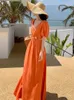 Robes décontractées de base Robe longue orange sexy à col en V pour femmes d'été à manches courtes bouffantes taille creuse robes de vacances haut de gamme Robe 2024