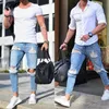 Mäns jeans stretch förstörde rippad design mode vrist byxor blixtlås mager för män296m