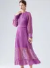 Podstawowe sukienki swobodne nowe modne wiosny jesień damskie koronkowe puste lampionowe sukienki z rękawem damskie temperament startowy damska sukienka na pas startowy 2024
