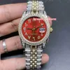 Reloj de pulsera Popular de Hip Hop para hombre, esfera roja, escala árabe, correa bi-dorada, relojes mecánicos completamente automáticos con diamantes, 260H