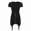 Casual Dresses Dark Gothic Dress for Women Summer Streetwear Sexig Slim Square Collar Metal Buttons Oregelbundna Hem Bodycon Female Mini