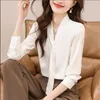 Frauen Blusen Band Shirt Weiß Chiffon Pullover Tops V-ausschnitt Langarm Für Frauen Schleife Lose Weibliche Elegante Bloue