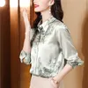 Green Silk Satin Graphic Vintage Shirt Women Designer Long Sleeve Classic Lapel Casual Button Up Shirts 2023 Autumn Winter Chic Runway Blouses Office Ladies Tops