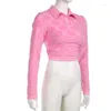Dames T-shirts Katoen Dames T-shirt met lange mouwen Middenrif-Baring Backless Patchwork Roze Bloemenprint Meisjeskleding 2023 Zomer Herfst Y2K