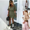 Sexy New Womens Beach Summer robe à volants unie avec manches courtes et volants robe robes de style de rue chemise jupe grande taille S-175E