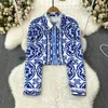 Een Lijn Tweedelige Jurk Lente Herfst Runway Blauw En Wit Porselein Print 2 Delige Sets Damesmode Luxe Print Shirt Top Geplooide Minirok Pak 2024