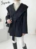Dameswolmengsels Syiwidii-jas voor dames Lace-up capuchon Vrouwelijke Vintage Casual Koreaanse mode Mid-lange warme bovenkleding 230928
