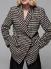 レディースジャケット女性ハウンドトゥースシルエットウールジャケット秋冬2023年女性ノッチ付き襟ショルダーパッドダブル胸部コート