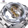 Forsining Men Men Transparent Design Mechanical Watch Automatic Silver Square Golden Gear Skeleton Stainless Selfless Belts Clock Saati Y246D