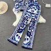 Dwuczęściowe spodnie dla kobiet jesienne spodni startowy garnitur damski niebieski i biały porcelanowy nadruk długa kurtka + spodnie 2 sztuki zestaw 2024