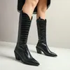 Boots 2023 Women Western Faux Leather Mid Calf Pointed Toe Thick Heel Ladies Black Blue White Brown Shoe