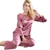 Women's Sleep Lounge 100% naturlig siden sömnkläder set kvinna kostymer 2 stycken långärmad topp+byxor siden pajamas femme spets pijama damer hem klädl231005