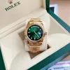 Original Box Certificate 18K Gold President Male Watches Day Date Diamonds Green Dial 41mm Watch Men rostfritt Bezel Automatisk armbandsur 01