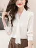 Frauen Blusen Band Shirt Weiß Chiffon Pullover Tops V-ausschnitt Langarm Für Frauen Schleife Lose Weibliche Elegante Bloue