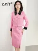 Tvådelad klänning Zjyt Autumn Winter Elegant Set for Women Fashion Tweed Woolen Jacket kjoldräkt Office Lady Outfit Pink 231005