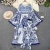 Robes décontractées de base Designer Mousseline Maxi Robe Costume Femmes O-Cou Flare Manches Bleu et Blanc Porcelaine Imprimer Split Vacances Robes Longues Pantalons 2024