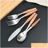 Dinnerware Sets Dinnerware Sets Stainless Steel Cutlery Wooden Handle Dinner Fork Dessert Spoon Knife Coffee Teaspoon Fruit Forks Kitc Dhkcp