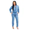 Macacões femininos macacão moda feminina denim macacão manga longa casual macacão fe streetwear bolsos playsuit bodysuit feminino magro macacãol231005