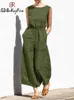 Dames Jumpsuits Rompertjes 2023 Nieuwe Zomer Dames Jumpsuits Elastische Taille Casual Losse Wijde Pijpen Broek Katoen Linnen Korte Mouwloze Rompertjes Overall FeL231005