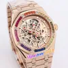K8F 41mm Skeleton Tourbillon Dial Automatic Mens Watch All Rose Gold Frost Gold Case Frosted Steel Bracelet Rainbow Diamond Watche289h