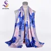 Écharpes BYSIFA Style chinois bleu rose pivoine soie châle écharpe femme élégante longue châles enveloppes automne hiver chaud épais 175 50cm303O