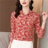 Vintage yaka zarif baskılı kırmızı gömlek ofis bayanlar lüks tasarımcı ipek saten bluzlar 2023 Sonbahar Kış Kadınlar Moda Düğmesi Up gömlekler ince zarif pist üstleri