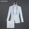 Biały haftowany garnitur Men Diamond Wedding Groom Tuxedo Suits Men Stage Singer Costume Homme Party Prom Męskie garnitury z spodniami312m