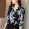 Luxe Mode Grafisch Groen Shirt Lange Mouw Dames Designer Zijde Satijn Button Up Shirts 2023 Herfst Winter Mode Revers Fijne Elegante Blouses Grote Maten Runway Tops