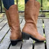 Bottes de Cowboy occidentales mi-mollet pour femmes, bout pointu, hauteur du genou, mode dames, cuir Pu, moto, grande taille, 231005