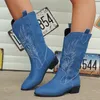 Stövlar Kvinnor Mid Calf Cowboy Super Size 43 Square Heels Inhemskt Western Woman Pointed Toe Slip-On Wide Denim Botas 231005