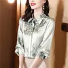 Green Silk Satin Graphic Vintage Shirt Women Designer Long Sleeve Classic Lapel Casual Button Up Shirts 2023 Autumn Winter Chic Runway Blouses Office Ladies Tops