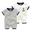 Rompers Fashion Summer born Navy Style Baby Romper Kids Boys Girls Sailor JumpsuitHat 2Pcs Body Short-sleeve Anchor Printed Suit 231005