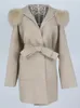 Mélanges de laine pour femmes OFTBUY surdimensionné lâche cachemire réel manteau de fourrure veste d'hiver femmes col naturel capuche vêtements d'extérieur ceinture 230928
