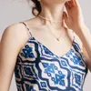Camisoles Tanks Women Tank Top 2023 Summer 90%Silk 10%Spandex Blue Printing Camisole Office Lady V Neck Spaghetti Strap Vest Sexy Tops