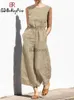 Dames Jumpsuits Rompertjes 2023 Nieuwe Zomer Dames Jumpsuits Elastische Taille Casual Losse Wijde Pijpen Broek Katoen Linnen Korte Mouwloze Rompertjes Overall FeL231005