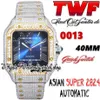 TWF tw0030 Paved Diamonds ETA A2824 Automatic Mens Watch Blue Dial Roman Markers Gold Bezel Quick Switch Iced Out Diamond Bracelet259F