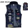 Classic Vintage Men's Jeans Vest Sleeveless Jackets Fashion Patch Designs Punk Rock Style Ripped Cowboy Frayed Denim Vest Tan215Z