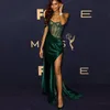 Emerald Green Mermaid aftonklänning Sexig Se genom High Slit Prom -klänningar Anpassad kändisklänning Formellt slitage Cheap245W