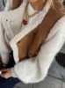 Kamizelki kobiet brązowe patchwork Fur Futro Teddy płaszcze jesienne bez rękawów zagęszcza kamizelka kardiganowa kamizelka 2023 Kobieta luźna kamizelka 231005