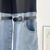 Jeans femininos chiques denim emendando calças com cinto feminino meninas estiramento bell bottoms calças bolsos duplos rasgados