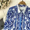 Uma linha de vestido de duas peças primavera outono pista azul e branco porcelana impressão 2 peças define moda feminina luxo impressão camisa superior plissado mini saia terno 2024