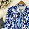 Een Lijn Tweedelige Jurk Lente Herfst Runway Blauw En Wit Porselein Print 2 Delige Sets Damesmode Luxe Print Shirt Top Geplooide Minirok Pak 2024