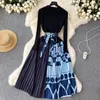 Basic Casual Dresses Autumn Winter Elegant Pullover Knitted Patchwork Pleated Dress Women O-Neck Long Sleeve Sashes Office Lady Sw203b