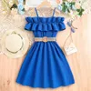 Girl Dresses 7-12 Years Elegant Evening Prom Dress Kids Summer Solid Color Ruffles Formal Pageant Princess Girls Swing With Belt